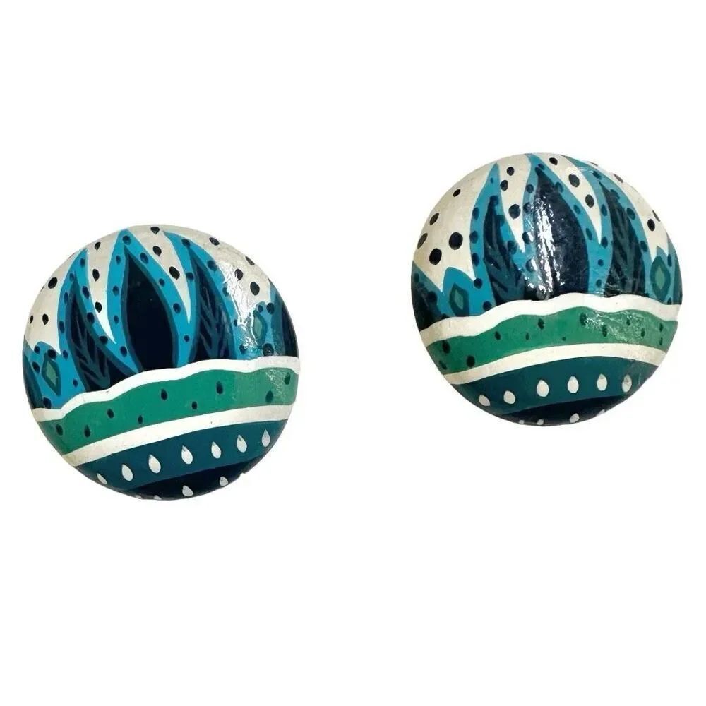 Blue white and green hand painted round post earrings